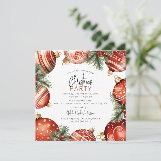 Rood & Goud Kerstboom Ornamenten Party Kaart (Staand voorkant)