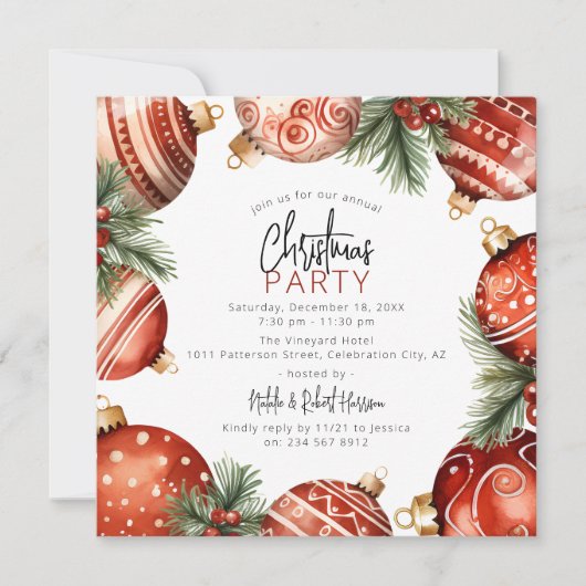 Rood & Goud Kerstboom Ornamenten Party Kaart (Voorkant)