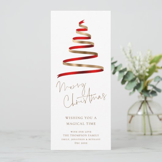 Rood Goud Kerstboom Script Vrolijk Kerstmis Feestdagenkaart (Staand voorkant)