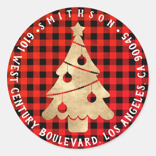 Rood Goud Kerstboom Terugkeer RSVP Buffel Ronde Sticker (Voorkant)
