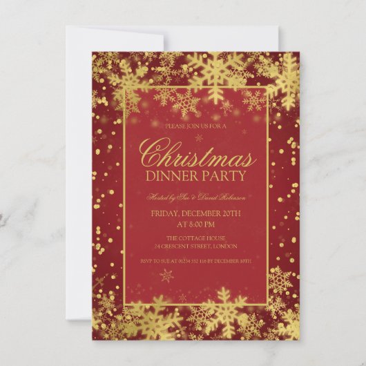 Rood Goud Kerstdiner Feest Winter Sneeuwvlokken Kaart (Voorkant)