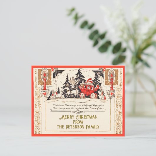  Rood Goud Kerstgroeten Carriage Snow Briefkaart (Staand voorkant)