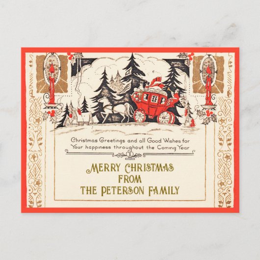  Rood Goud Kerstgroeten Carriage Snow Briefkaart (Voorkant)