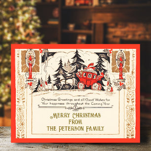Rood Goud Kerstgroeten Carriage Snow Briefkaart