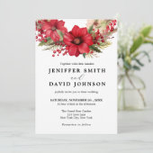 Rood Goud Kerstmis Bloemen Wit Bruiloft Uitnodigin Kaart (Staand voorkant)