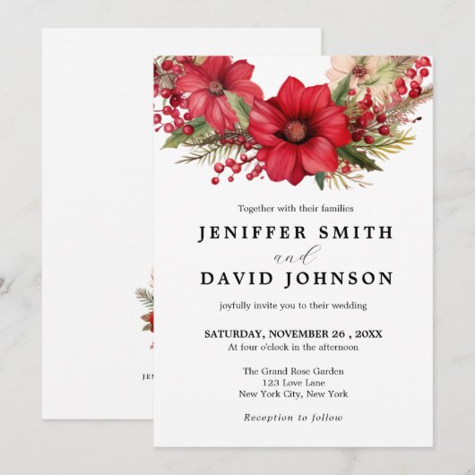 Rood Goud Kerstmis Bloemen Wit Bruiloft Uitnodigin Kaart (Voorkant / Achterkant)