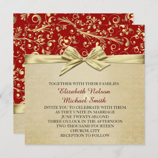 Rood/Goud Kerstmis Lint Damask Bruiloft Uitnodigen Kaart (Voorkant / Achterkant)
