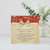 Rood/Goud Kerstmis Lint Damask Bruiloft Uitnodigen Kaart (Staand voorkant)