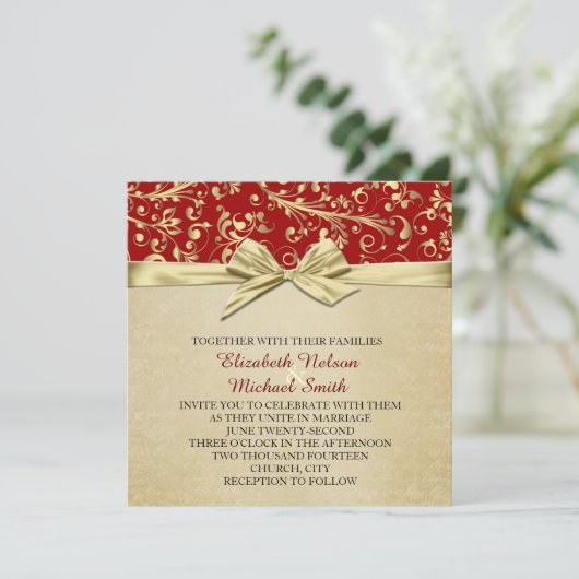 Rood/Goud Kerstmis Lint Damask Bruiloft Uitnodigen Kaart (Staand voorkant)