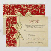 Rood/Goud Kerstmislint Damast RSVP-kaart Kaart (Voorkant / Achterkant)
