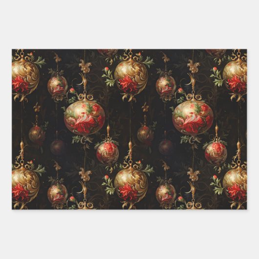 Rood Goud Kerstversiering en Vogels Inpakpapier Vel (Voorkant)