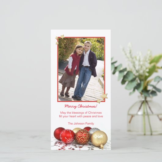 Rood & Goud Kerstversieringen Fotokaart Sjabloon (Staand voorkant)