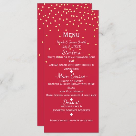 Rood & Goud Klein Goud Confetti Stippen Vakantieme Menu (Voorkant / Achterkant)