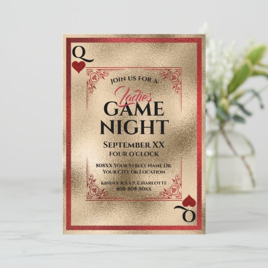 Rood & Goud Koningin van Harten Dames Spel Nacht Kaart (Staand voorkant)