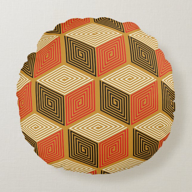 Rood Goud  Kubus Patroon Rond Kussen (Voorkant)