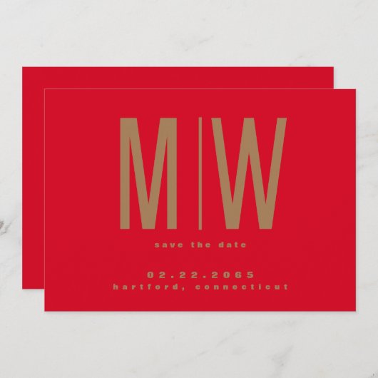 Rood & Goud Lg. Monogram Huwelijk Uitnodiging (Voorkant / Achterkant)