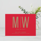 Rood & Goud Lg. Monogram Trouw Save the Date (Staand voorkant)