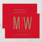 Rood & Goud Lg. Monogram Trouw Save the Date (Voorkant / Achterkant)