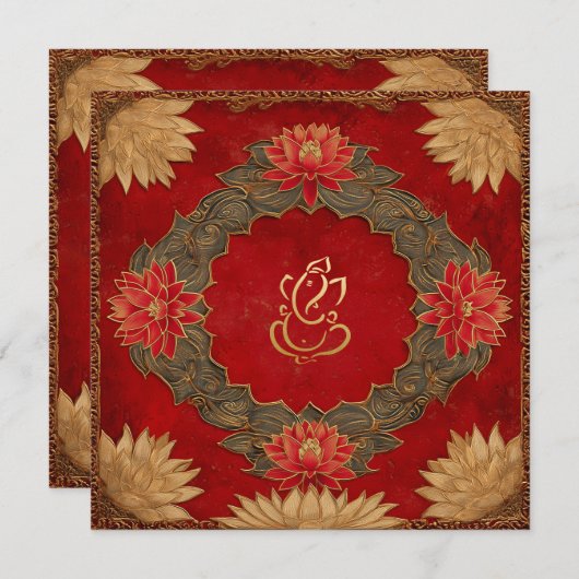 Rood Goud Lotus Ganesh God Indiase bruiloft Kaart (Voorkant / Achterkant)