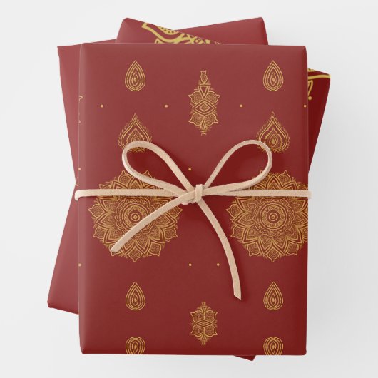 Rood Goud Mandala Monogram Indiase bruiloft Inpakpapier Vel (In situ)