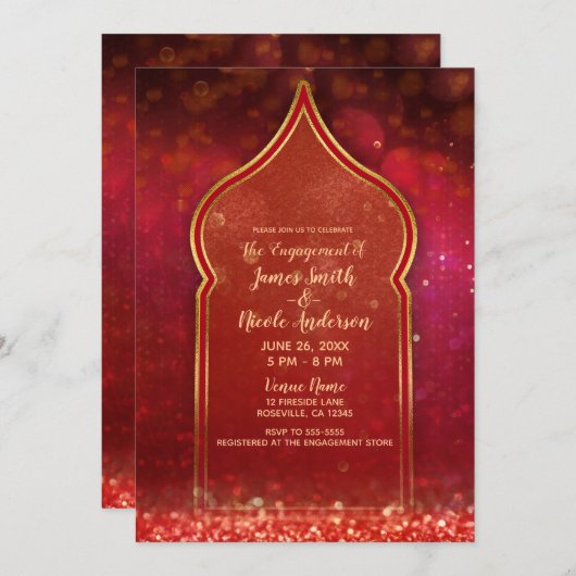 Rood & Goud Marokkaans Arabian Nights Verloving Kaart (Voorkant / Achterkant)