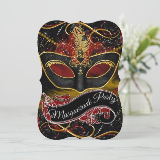 Rood & Goud Masker Sparkle Masquerade Kaart (Staand voorkant)