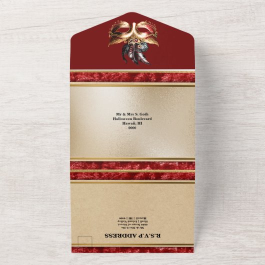 Rood goud maskerade bruiloft carnaval gezichtsmask all in one uitnodiging (Buitenkant)