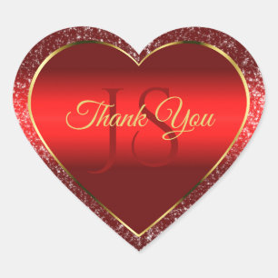 Rood Goud met Glittersterren en Initialen Dank je  Hart Sticker