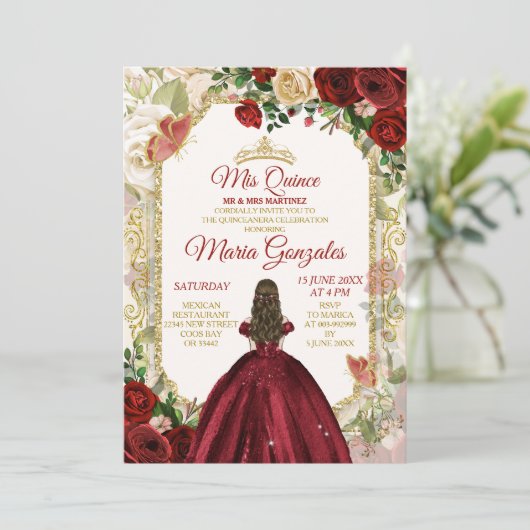 Rood & Goud Mexicaans Mis Quince XV Anos Vlinder Kaart (Staand voorkant)