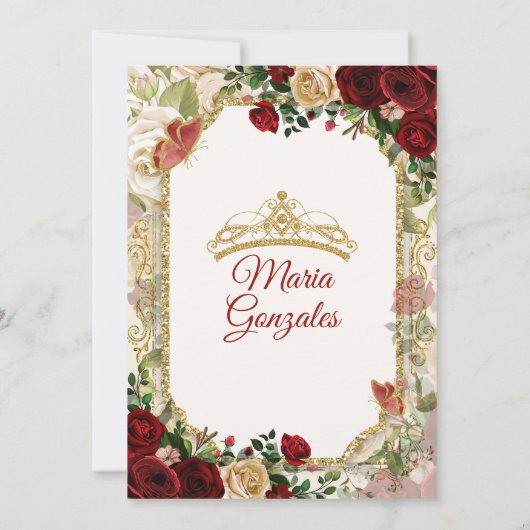 Rood & Goud Mexicaans Mis Quince XV Anos Vlinder Kaart (Achterkant)