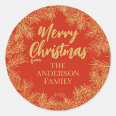 Rood Goud Moderne Botanische Elegante Kerst Ronde Sticker (Voorkant)