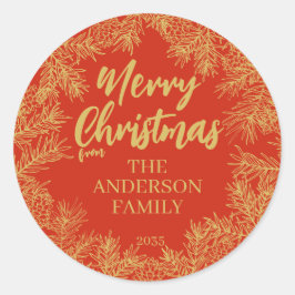 Rood Goud Moderne Botanische Elegante Kerst Ronde Sticker