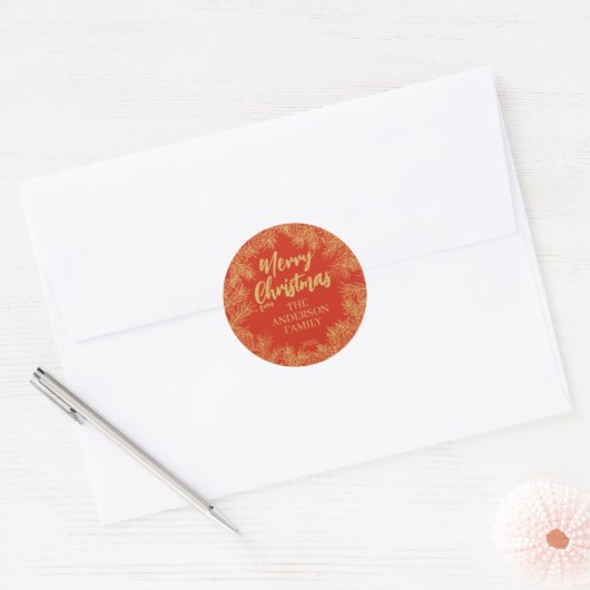 Rood Goud Moderne Botanische Elegante Kerst Ronde Sticker (Envelop)