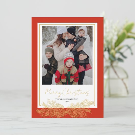 Rood Goud Moderne Elegante Familie Foto Kerstmis Feestdagenkaart (Staand voorkant)