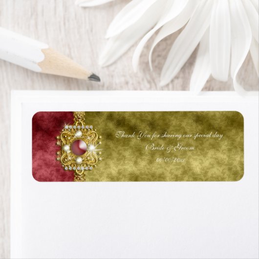 Rood goud olijf damast bruiloft etiket (Insitu)