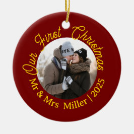 Rood & Goud Onze eerste Kerst 2025 Foto Keepsake Keramisch Ornament