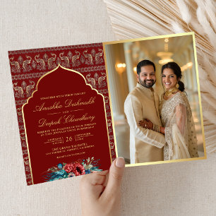 Rood Goud Pauw Patroon Bloemen Indische bruiloft