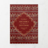 Rood Goud Pauw Patroon Bloemen Indische bruiloft Drieluik Uitnodiging (Cover)