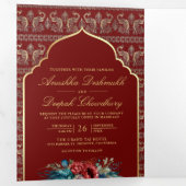 Rood Goud Pauw Patroon Bloemen Indische bruiloft Drieluik Uitnodiging (Binnenzijde eerst)