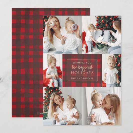 Rood Goud Plaid 6 Foto's Collage Kerstmis Feestdagenkaart (Voorkant / Achterkant)