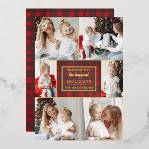Rood Goud Plaid 6 foto's Collage Kerstmis Folie Feestdagenkaart