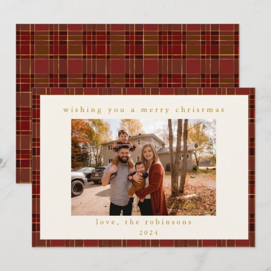Rood Goud Plaid Aangepaste Foto Kerstmis Feestdagenkaart (Voorkant / Achterkant)