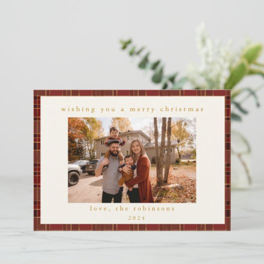 Rood Goud Plaid Aangepaste Foto Kerstmis Feestdagenkaart (Staand voorkant)