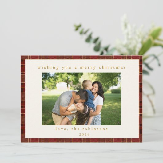 Rood Goud Plaid Aangepaste Foto Kerstmis Feestdagenkaart (Staand voorkant)