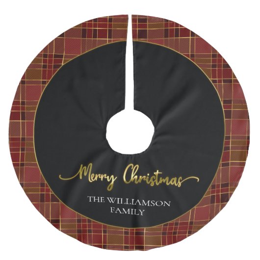 Rood Goud Plaid Kerstmis Tartan Geborsteld Polyest Kerstboom Rok (Voorkant)