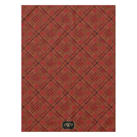 Rood Goud Plaid Monogram Kerst Tartan Tafelkleed (Voorkant)