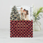 Rood Goud Plaid Sneeuw Foto Merry Christmas Kaart (Staand voorkant)