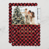 Rood Goud Plaid Sneeuw Foto Merry Christmas Kaart (Voorkant / Achterkant)