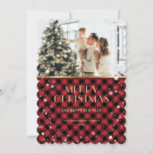 Rood Goud Plaid Sneeuw Foto Merry Christmas Kaart