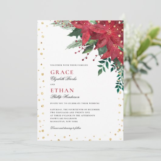 Rood Goud Poinsettia Bloemen Kerstbruiloft Kaart (Staand voorkant)